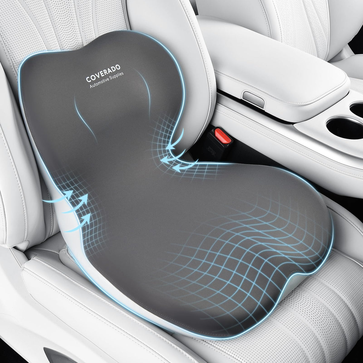 Coverado front view of one-piece cushion showing ergonomic profile and improved comfort