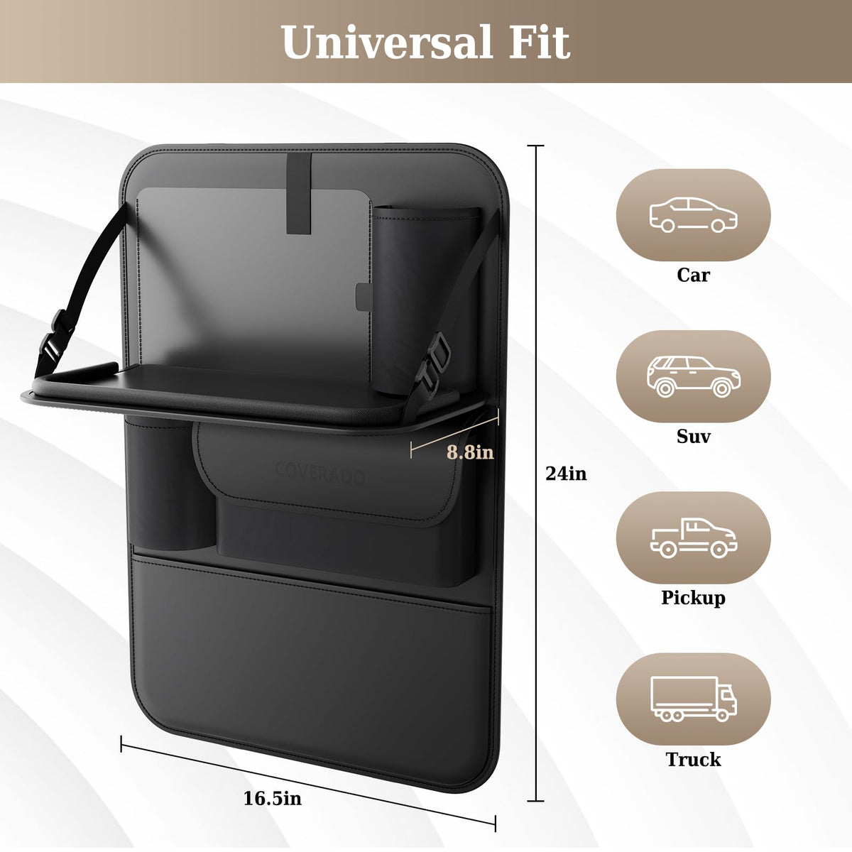 Coverado organizer in use with children using tablet and snacks for calmer rides