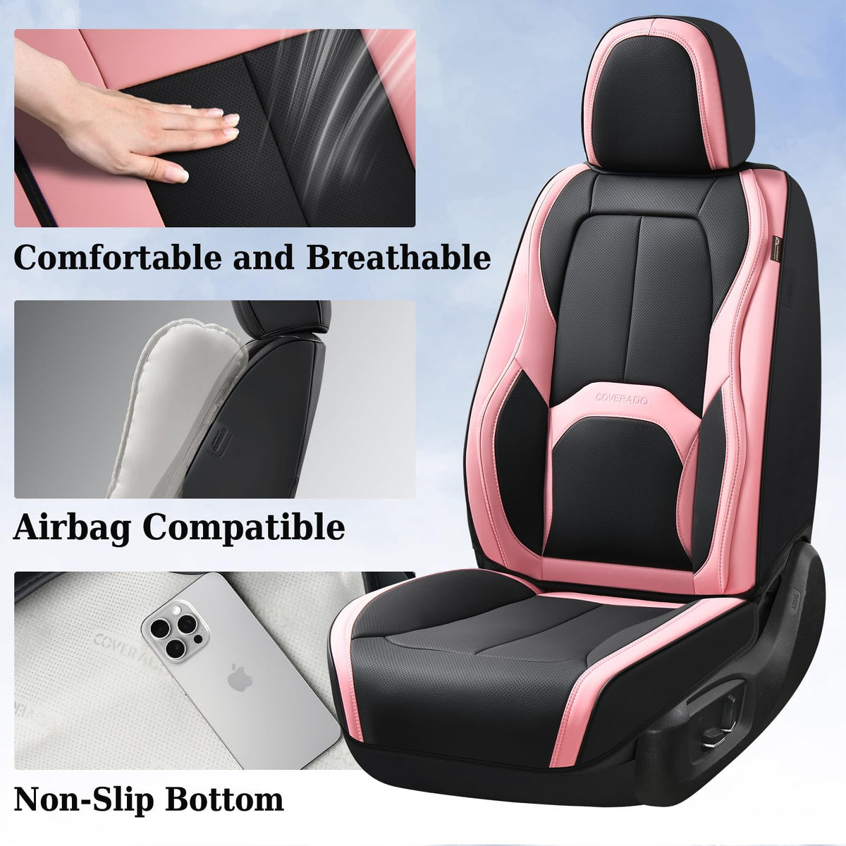 Coverado installed on driver seat showing neat fit and upgraded black-pink style