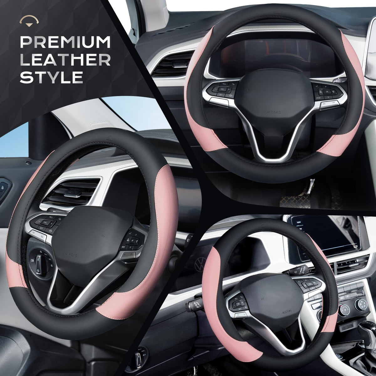 Coverado installed on steering wheel front view showing improved grip and aesthetics