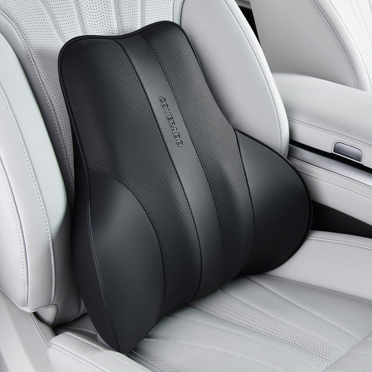 Coverado lumbar pillow front view showing contour and shape for support