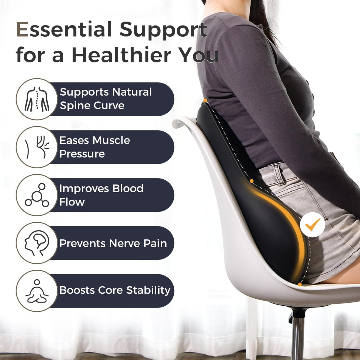 Coverado pillow installed in a car seat demonstrating ergonomic support