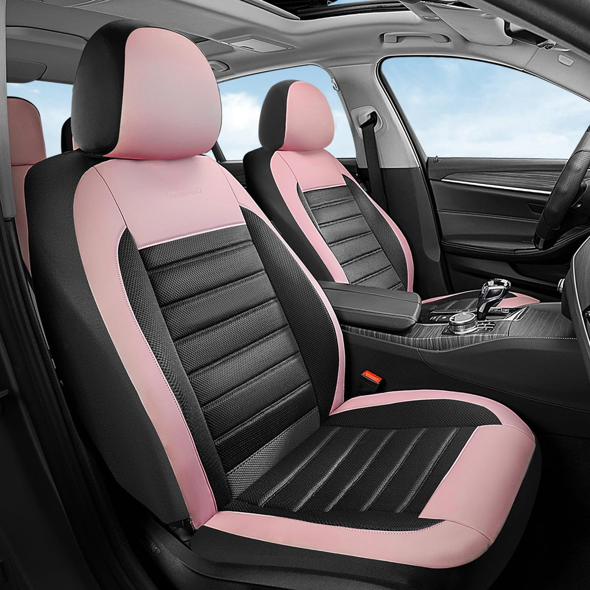 Coverado rear seat covers installed in a vehicle providing full back-row coverage