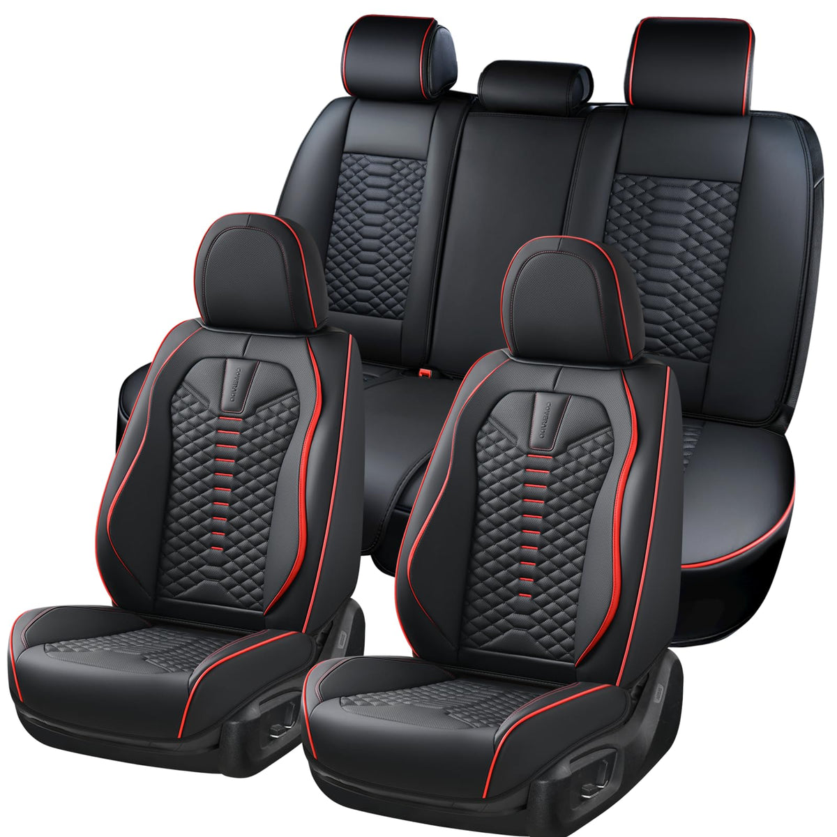 Coverado rear seat three-piece layout displaying adjustable fit and seat protection