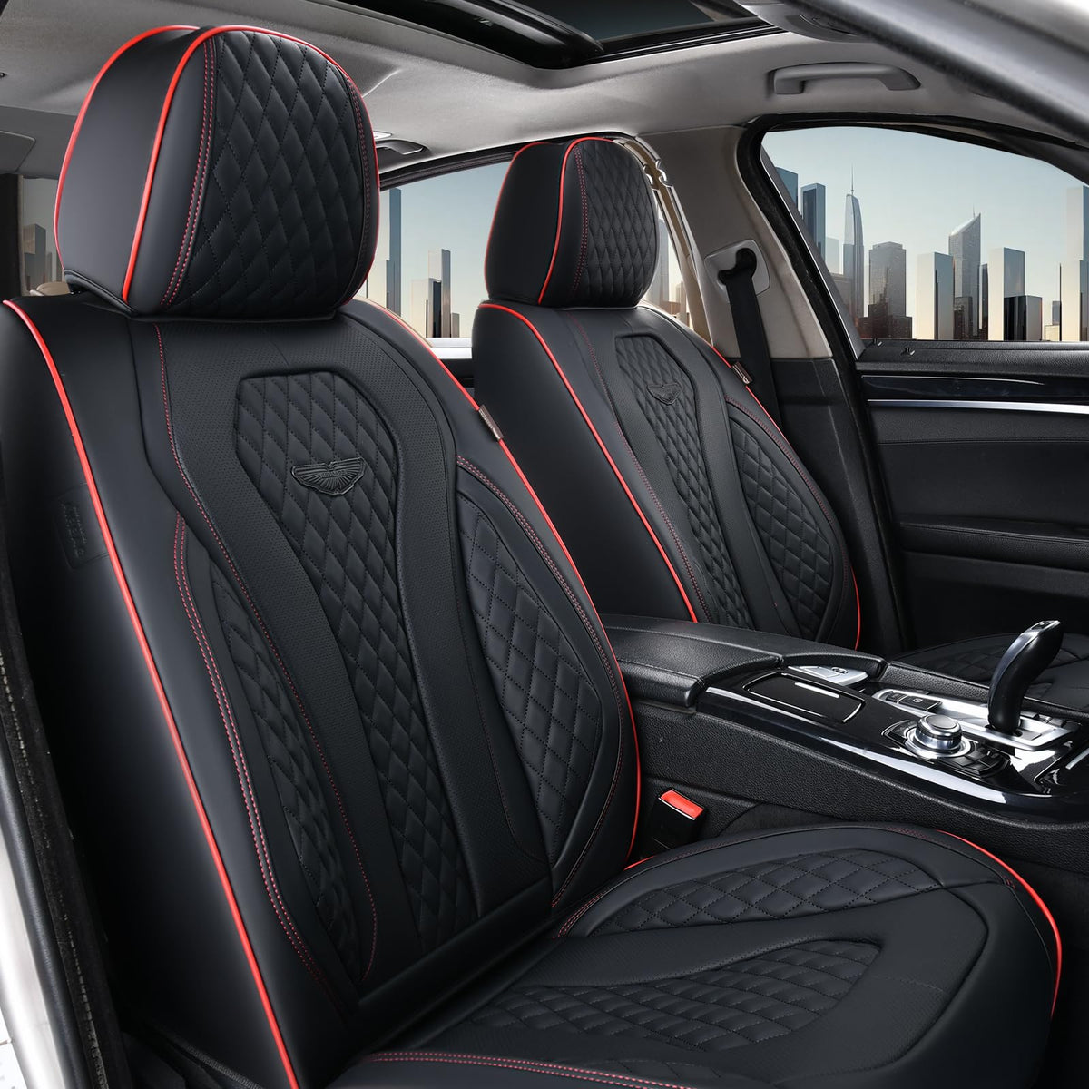 Coverado rear seat wide shot showing three-piece fit and preserved seatbelt access