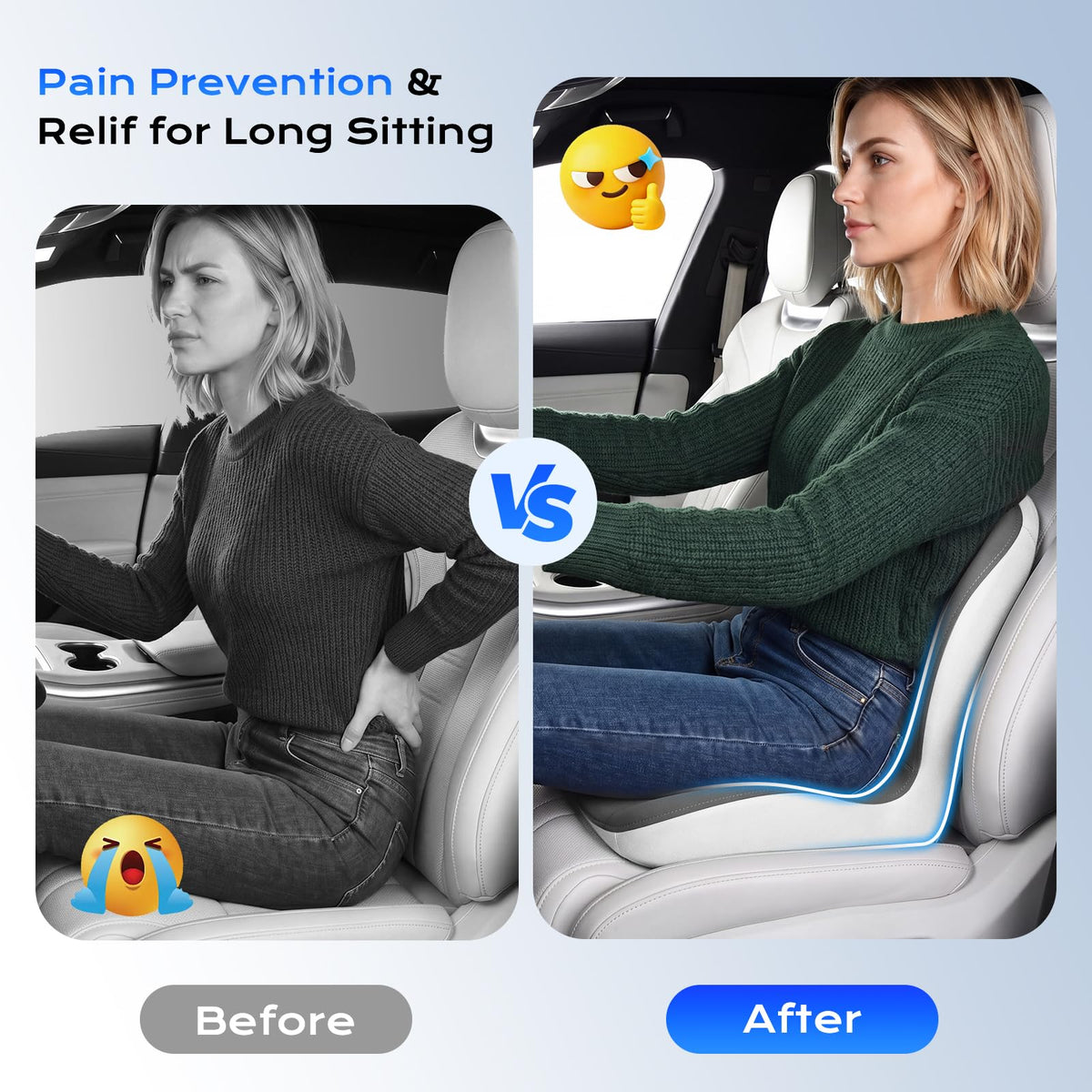 Coverado cushion installed in car seat providing steady non-slip driving comfort