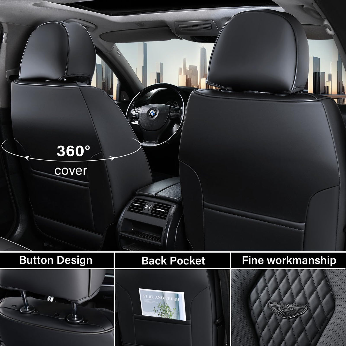 Coverado seat covers in a car interior, improving look and comfort