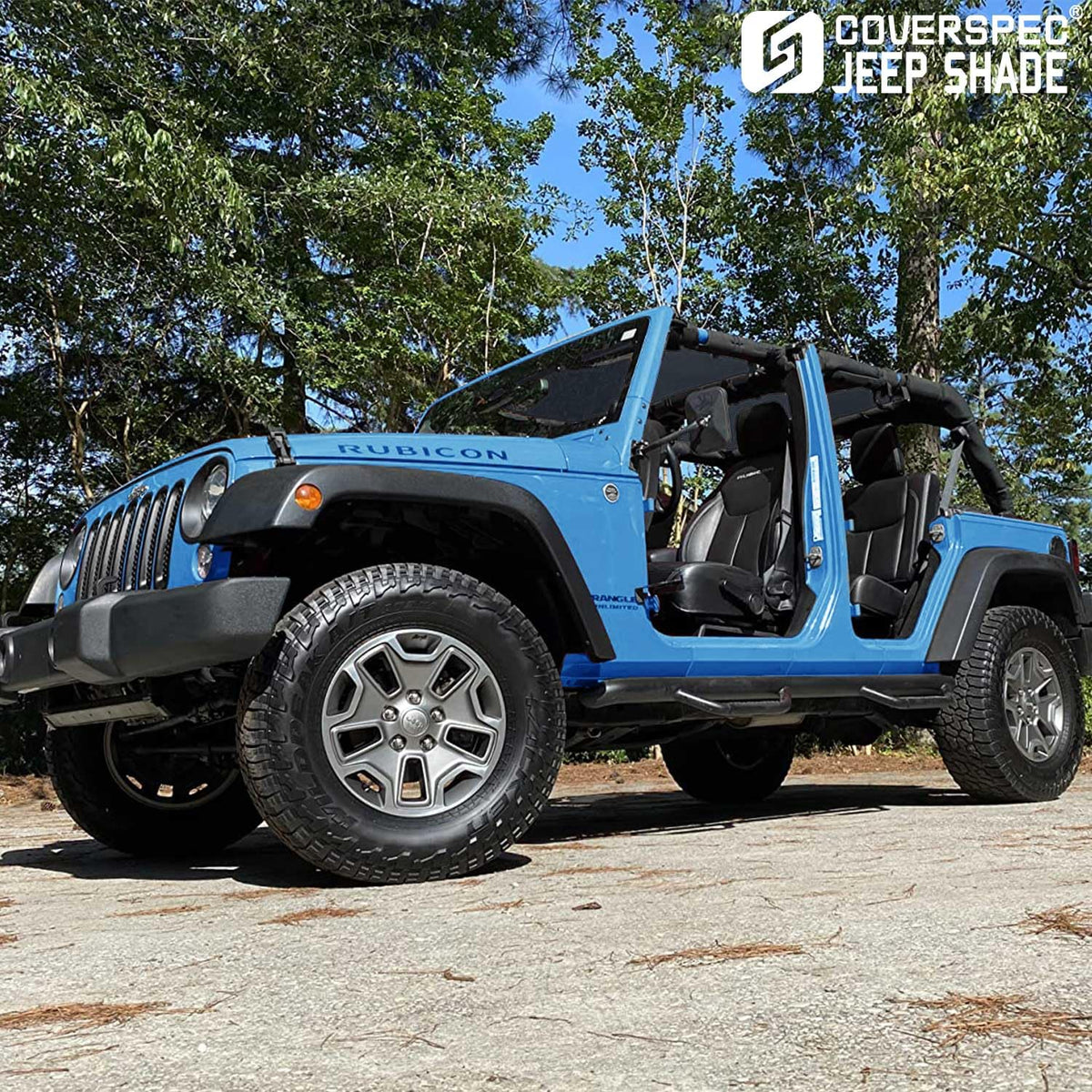 coverspec lifestyle image of Jeep driving on beach with shade installed for UV protection