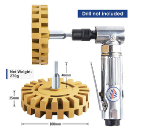 CowboyBOB wheel mounted on drill in use removing sticker faster and cleaner