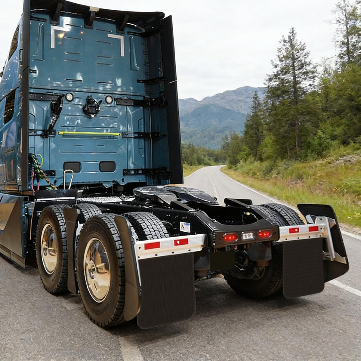 CPOWACE mud flaps on highway-ready truck demonstrating long-lasting protection