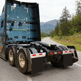 CPOWACE mud flaps on highway-ready truck demonstrating long-lasting protection