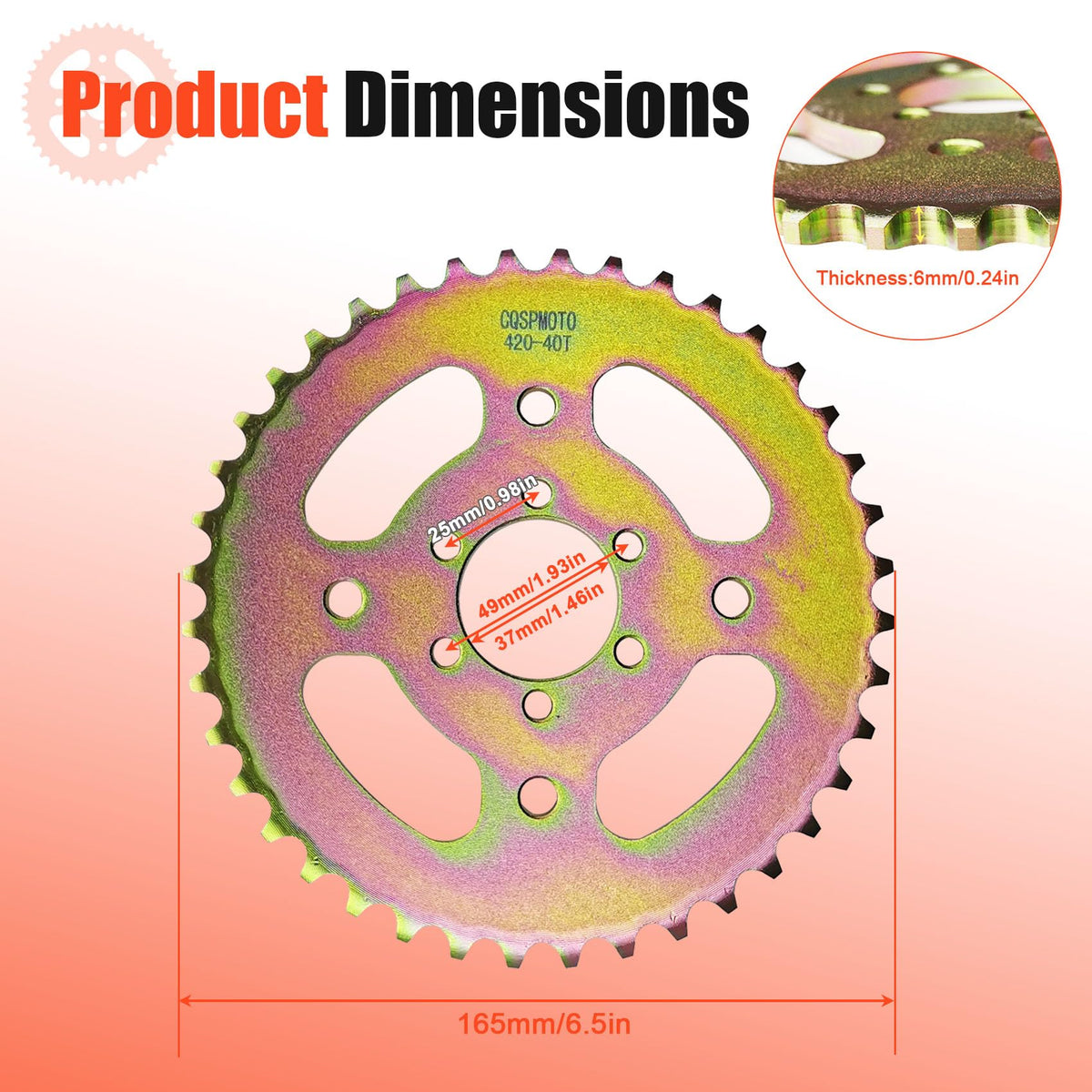 CQSPMOTO sprocket mounted on minibike wheel demonstrating proper fit and alignment