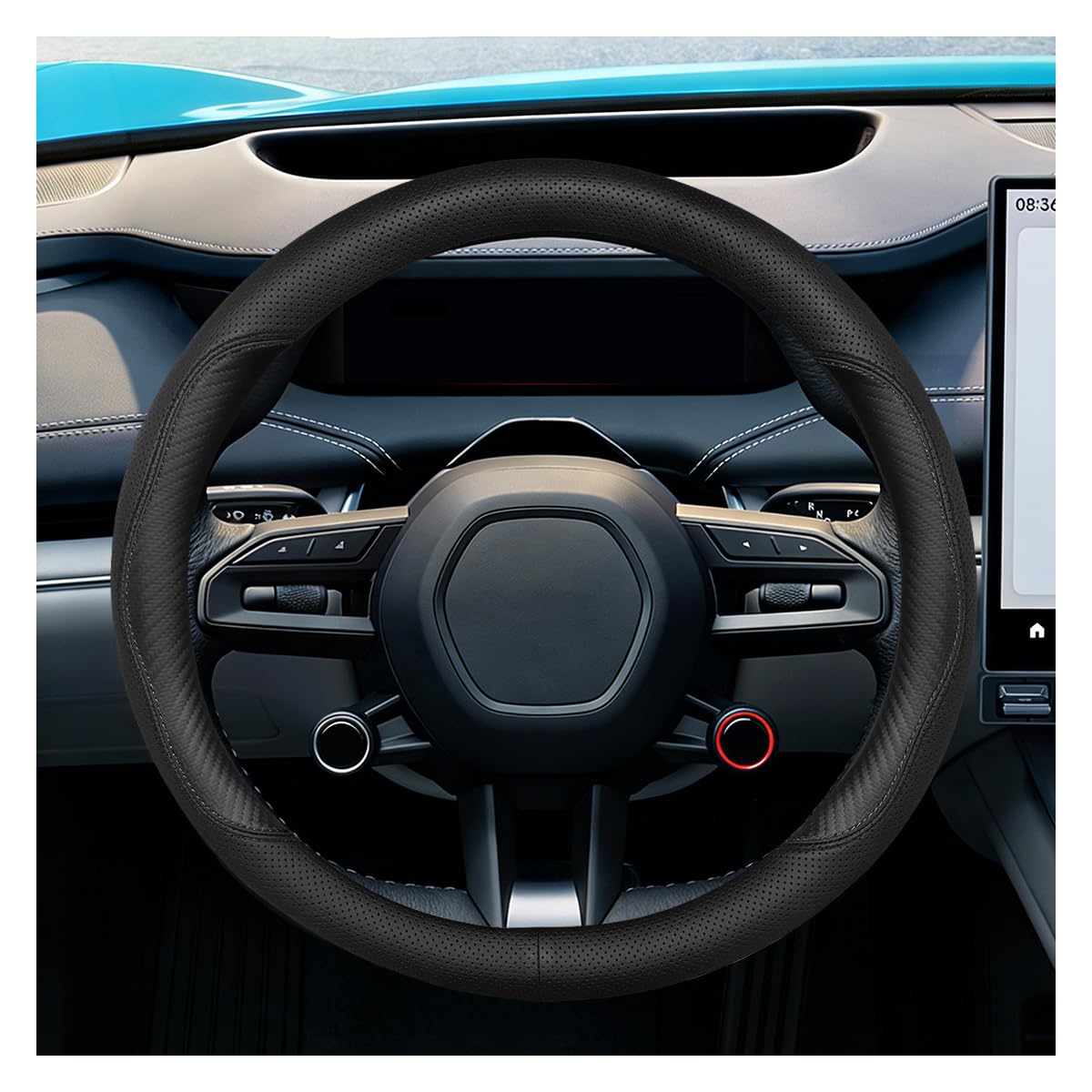 Craedli front view of steering wheel cover showing finished styling and fit advantage