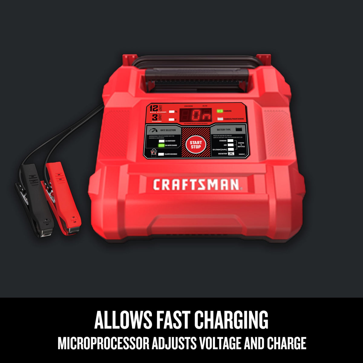CRAFTSMAN heavy-duty clamps and 6-foot cables for secure, convenient hookup