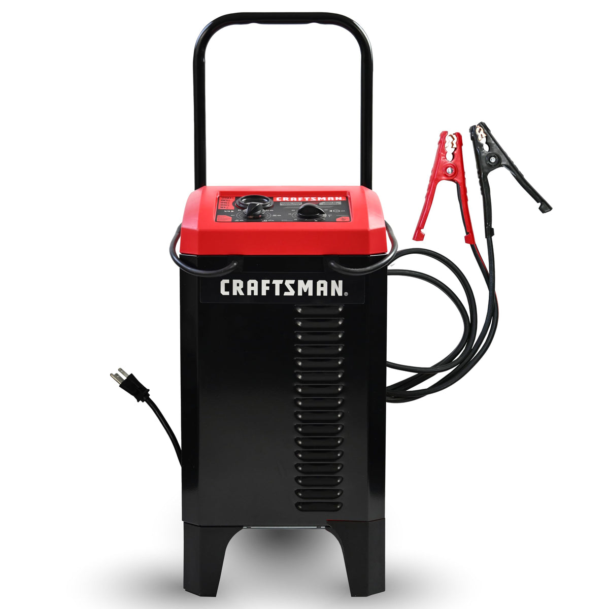 CRAFTSMAN front view showing charger controls and wheeled base for easy mobility
