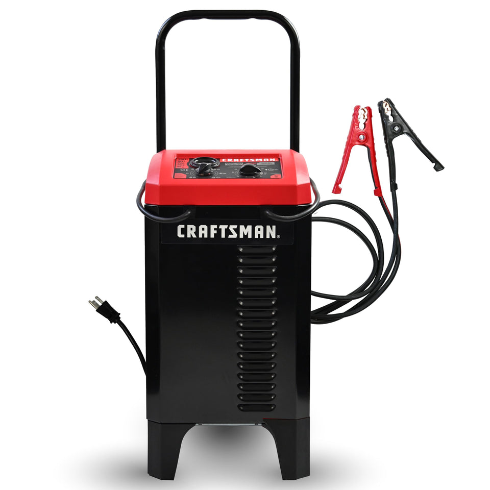 CRAFTSMAN front view showing charger controls and wheeled base for easy mobility