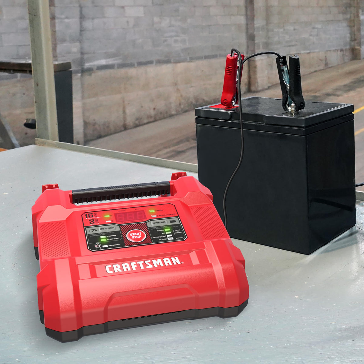 CRAFTSMAN in use on a car battery demonstrating safe charging and fast recovery