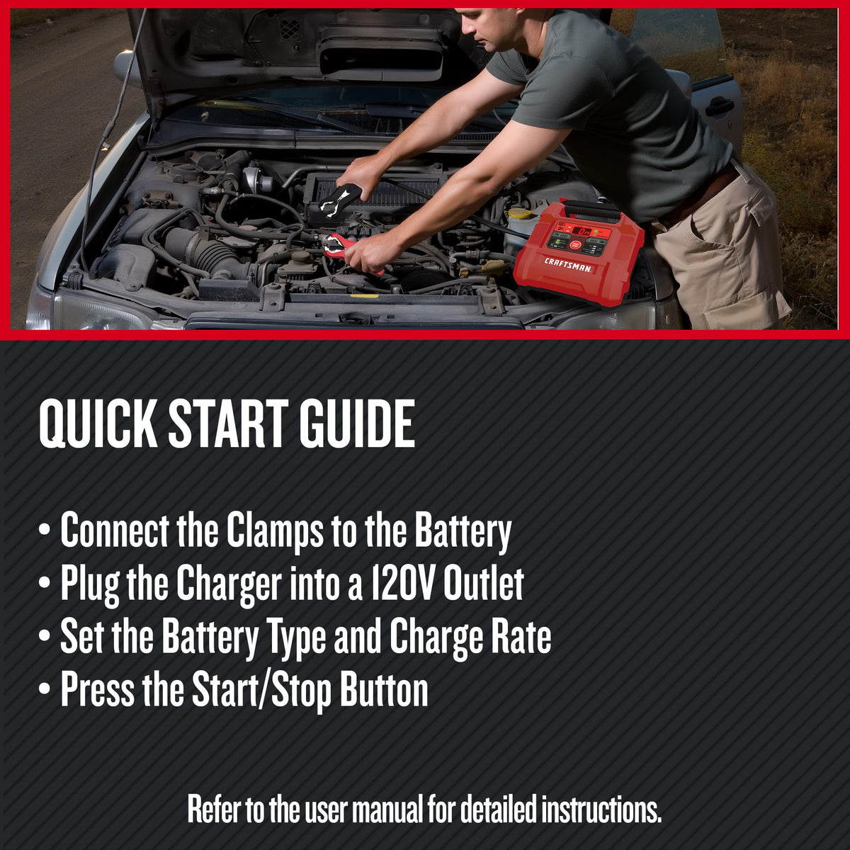 CRAFTSMAN charger placed next to toolbox showing 12-foot total reach advantage