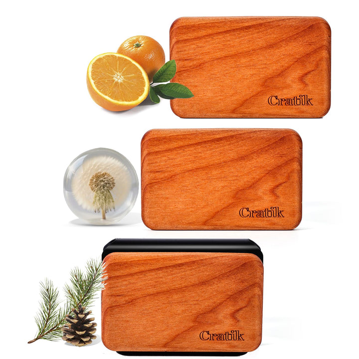 CRATIK front packaging showing three wood scent blocks and clip, elegant display benefit