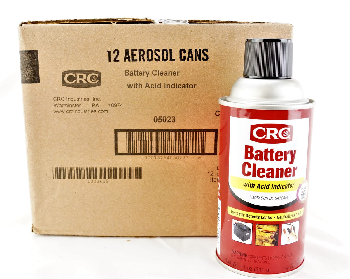 CRC battery cleaner front can shows label for safe acid detection