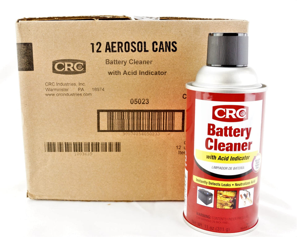 CRC battery cleaner front can shows label for safe acid detection