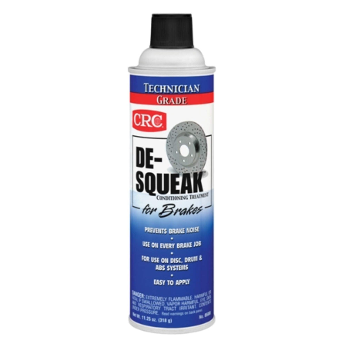 CRC de-squeak aerosol can front view showing label and easy-apply nozzle for quieter brakes