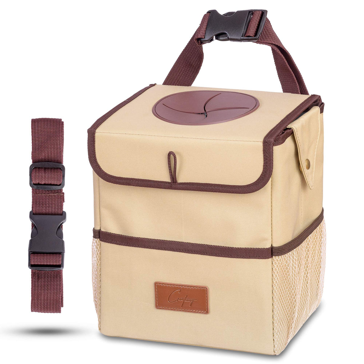 Creathing Touring front view showing compact beige bin and lid for tidy interiors