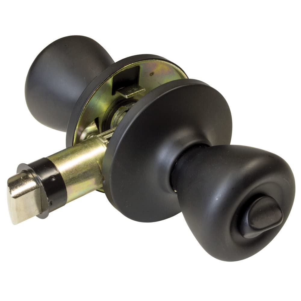 Creative Products Group knob front view showing matte-black finish and compact privacy lock benefit