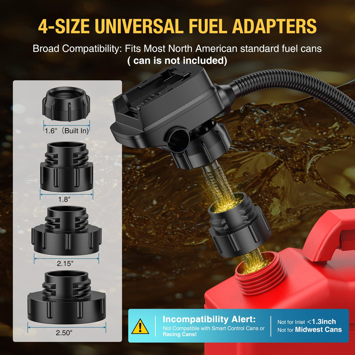 CRESTWAVE assortment of adapters laid out for secure fits on common fuel cans