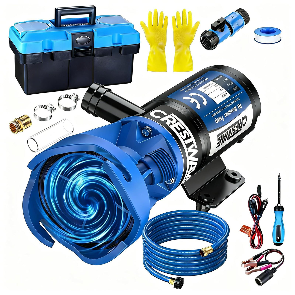 CRESTWAVE front view macerator pump showing compact design and quick-install benefit