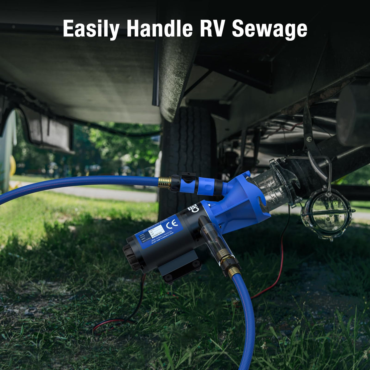 CRESTWAVE pump connected to RV tank in use for fast, clean emptying