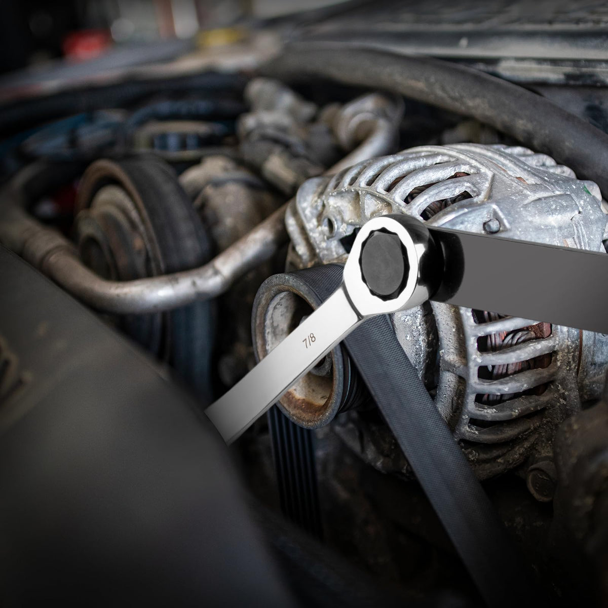 Crizendo kit in use under hood demonstrating access to tensioner pulley