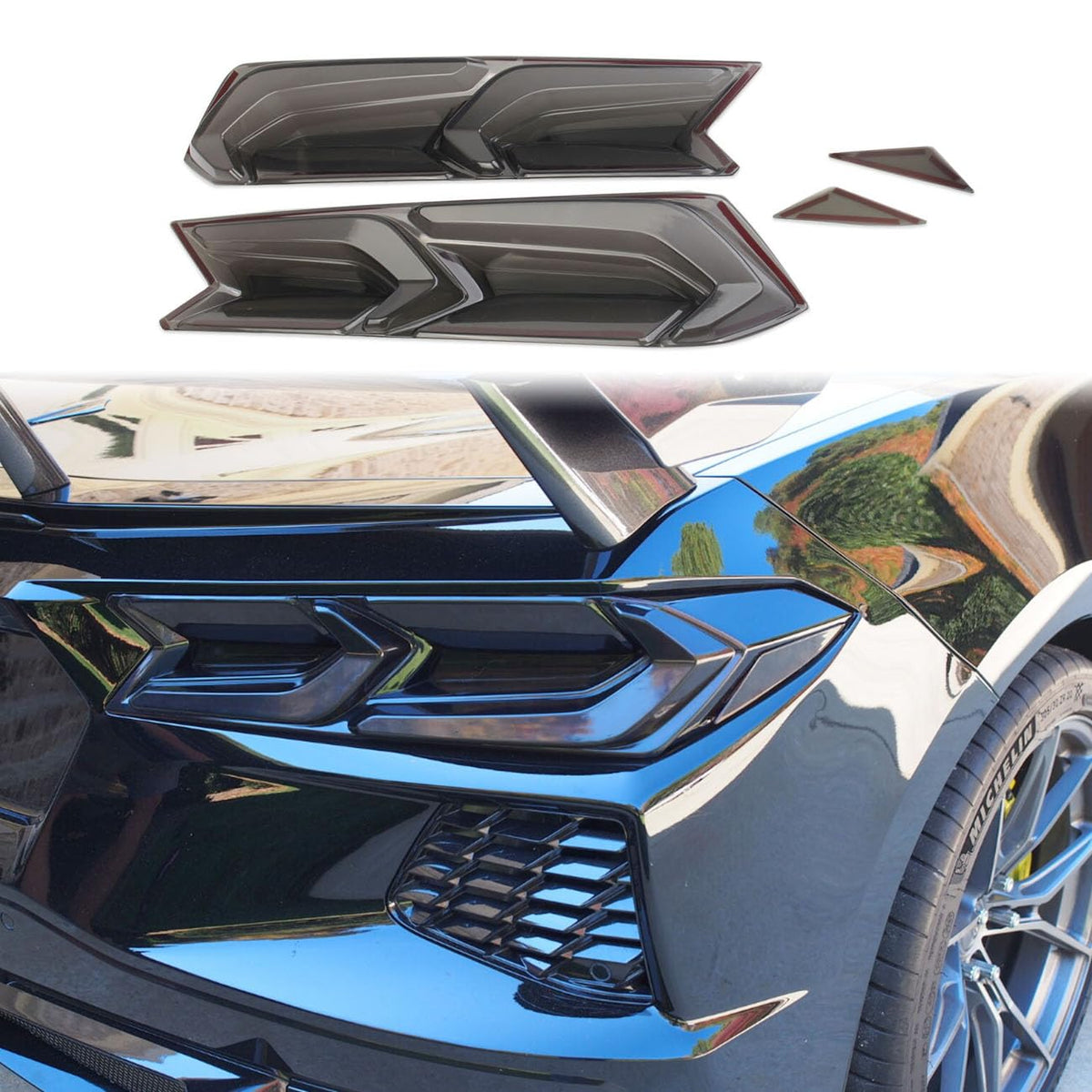 crosselec rear view installed on Corvette C8 showing sleek smoked taillight benefit