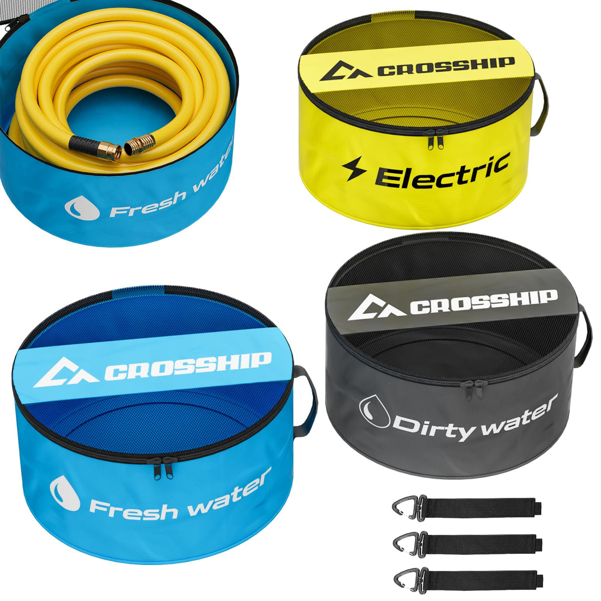 CROSSHIP 3-pack front packaging showing labeled bags and hooks for quick identification