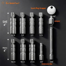 Crosstar socket set in use inside an engine bay preventing plug drops and easing removal
