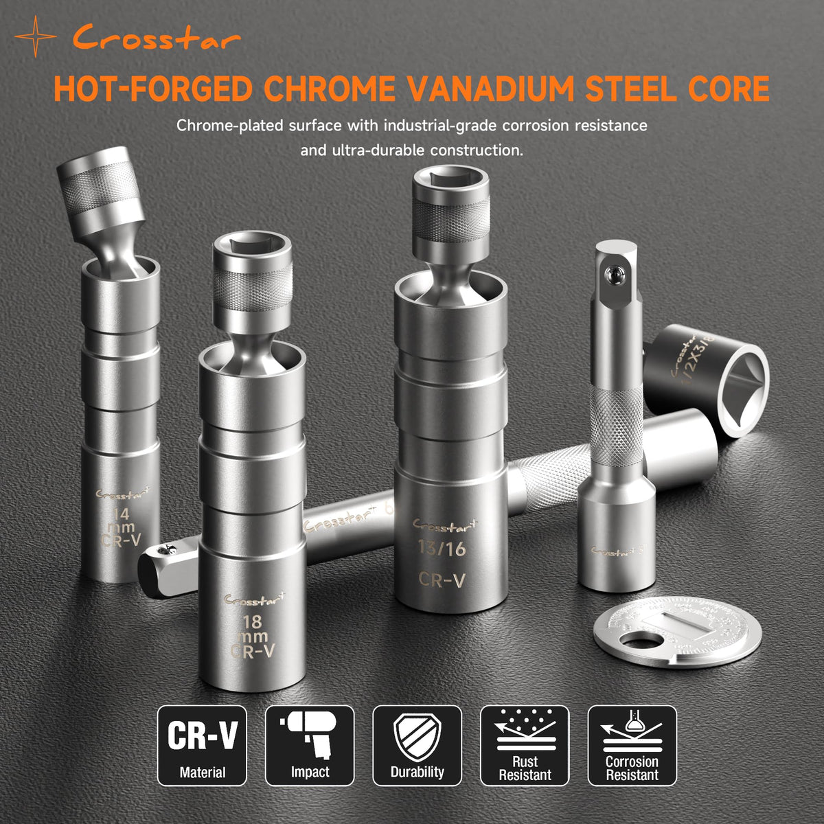 Crosstar swivel head detail demonstrating 360-degree rotation for tight engine access and precision