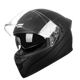 Crown Racing helmet on motorcycle seat showing size and practical scale