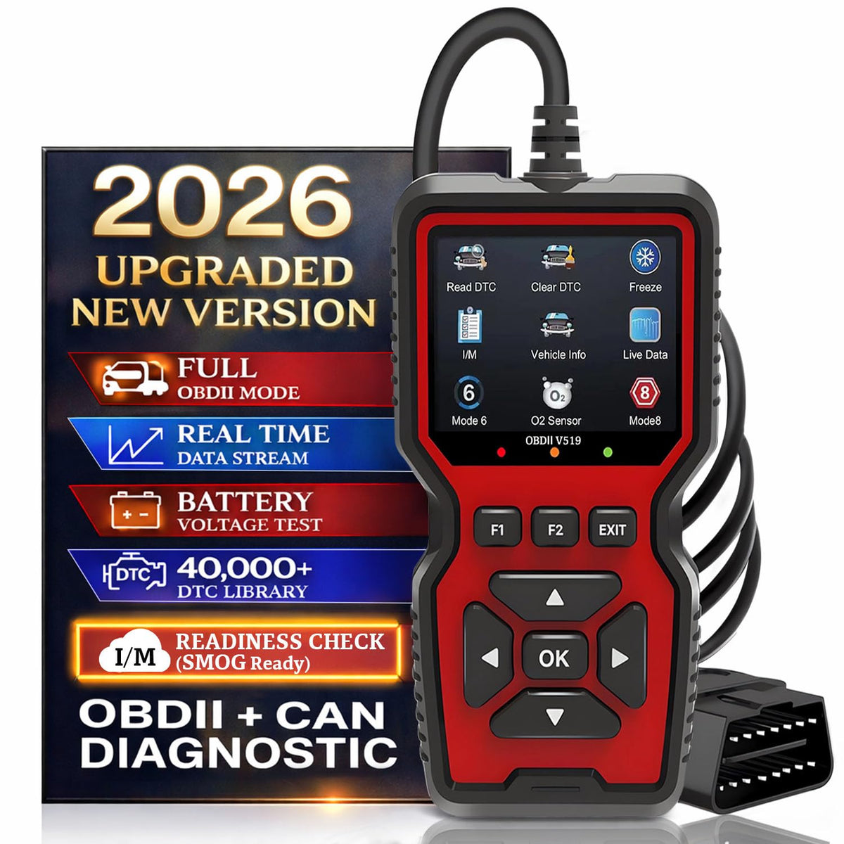 CrysGuard V519 front view showing device and buttons, professional diagnostics on hand