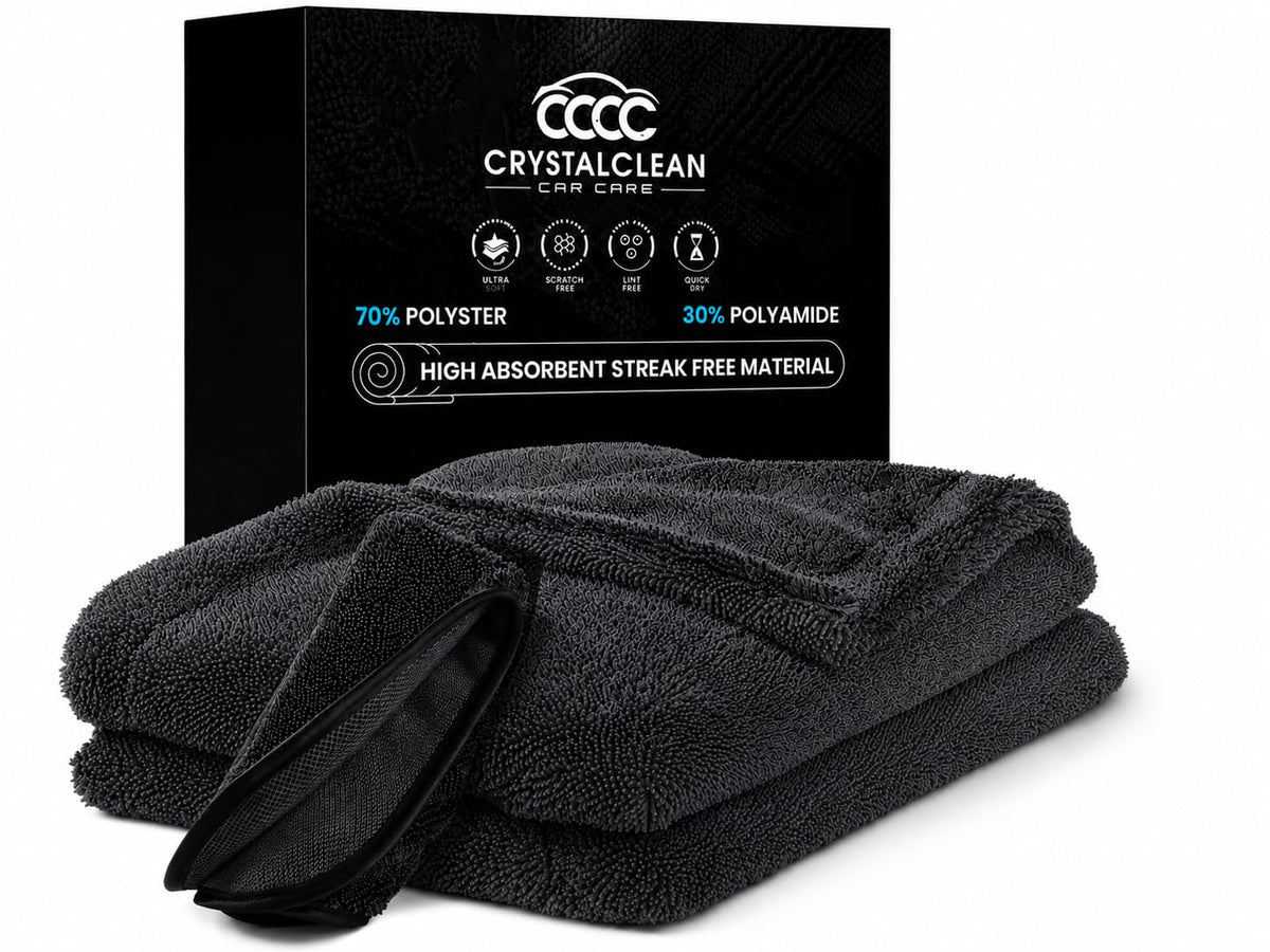Crystal Clean front view of 24x36 towel showing size and packaging benefits
