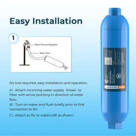 Crystala Filters installed on an RV hose demonstrating quick tool-free hookup