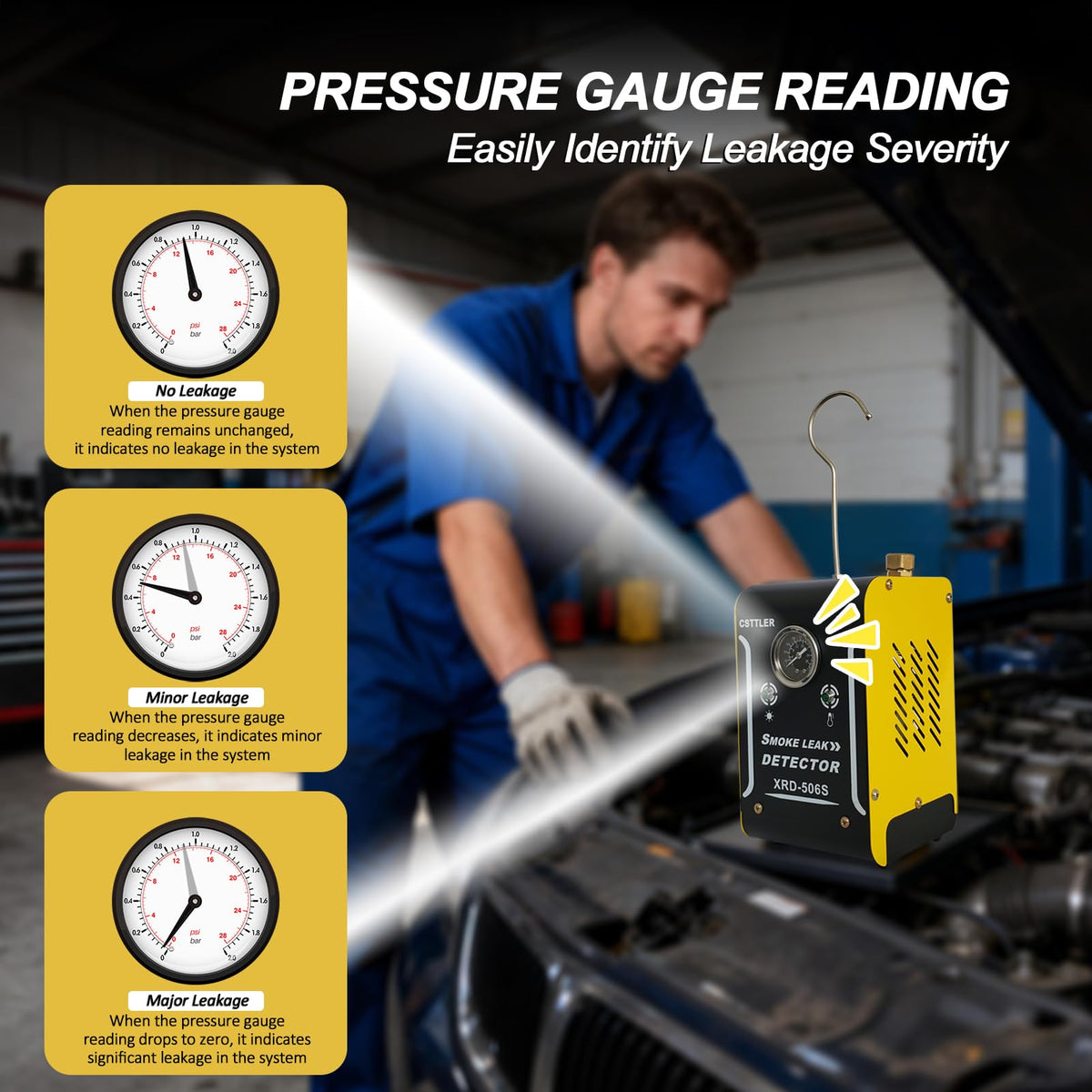 Csttler pressure gauge close-up displaying clear readings for accurate leak detection