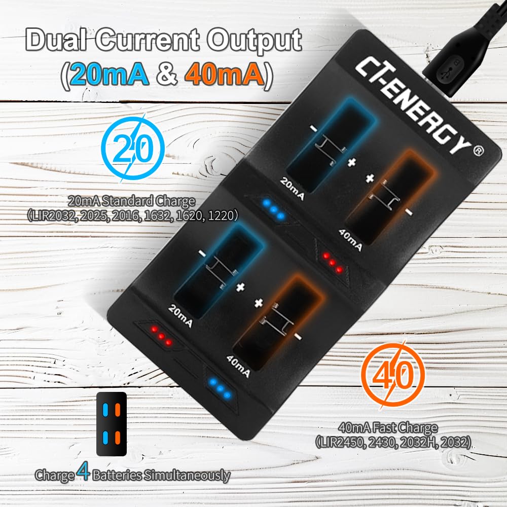 CT-ENERGY charger with different LIR coin batteries installed demonstrating multi-size support