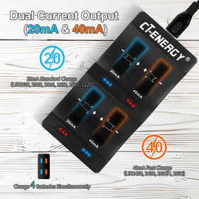 CT-ENERGY charger with different LIR coin batteries installed demonstrating multi-size support