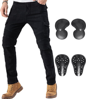 CTBQiTom front view of black motorcycle pants showing slim cut and pockets for everyday wear