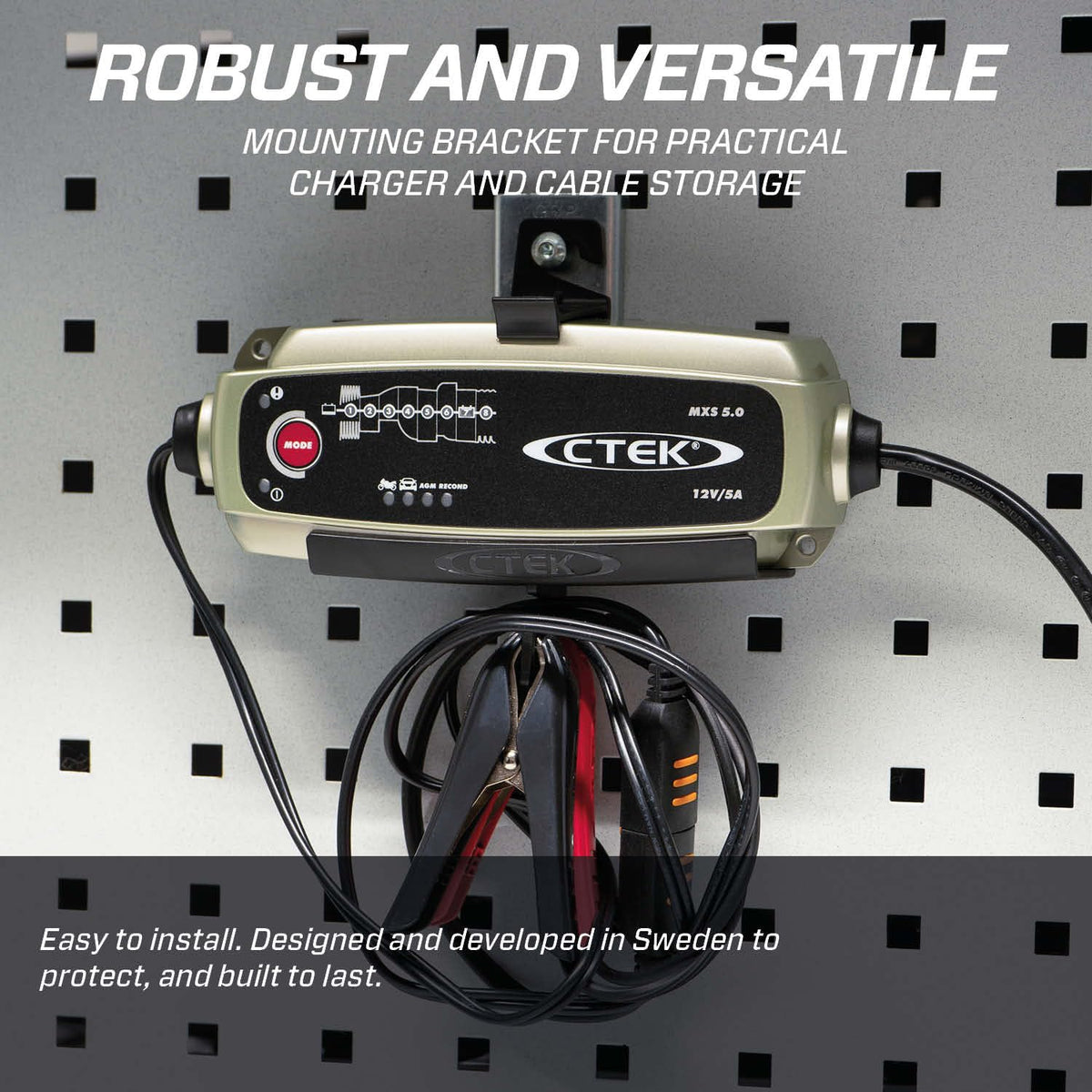 CTEK bracket next to charger showing scale and clear mounting benefits