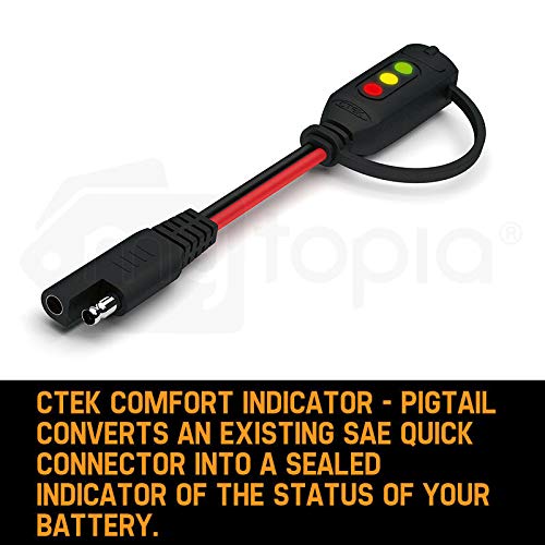CTEK pigtail LED close-up displaying red yellow green, provides quick charge info