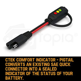 CTEK pigtail LED close-up displaying red yellow green, provides quick charge info