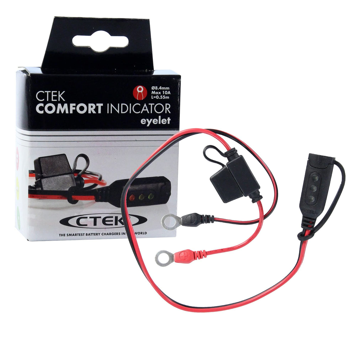 CTEK indicator eyelet M8 front view showing compact connector and LEDs for easy checks