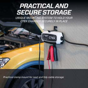 CTEK bracket holding charger in workshop for quick access and organization