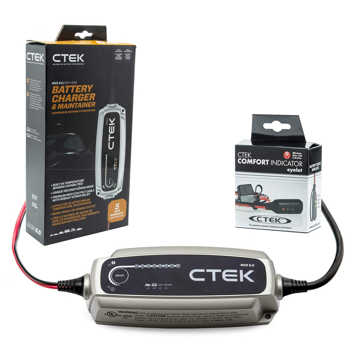 CTEK MXS 5.0 front view showing compact sealed housing and LED indicators for safe charging